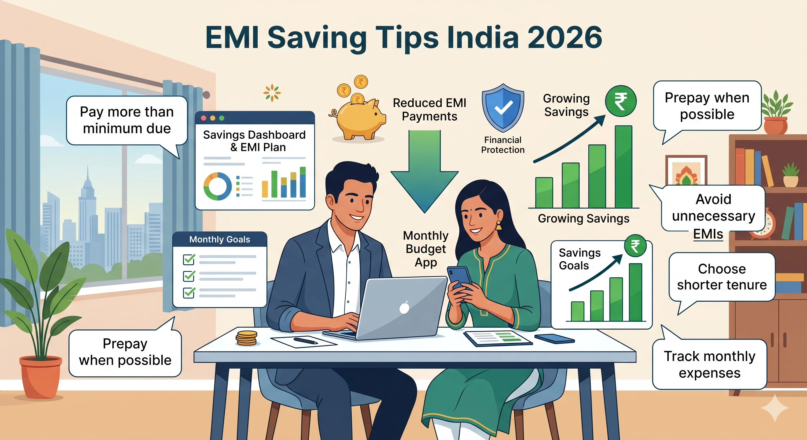 Indian family celebrating reduced EMI payments with calculator showing savings in 2026